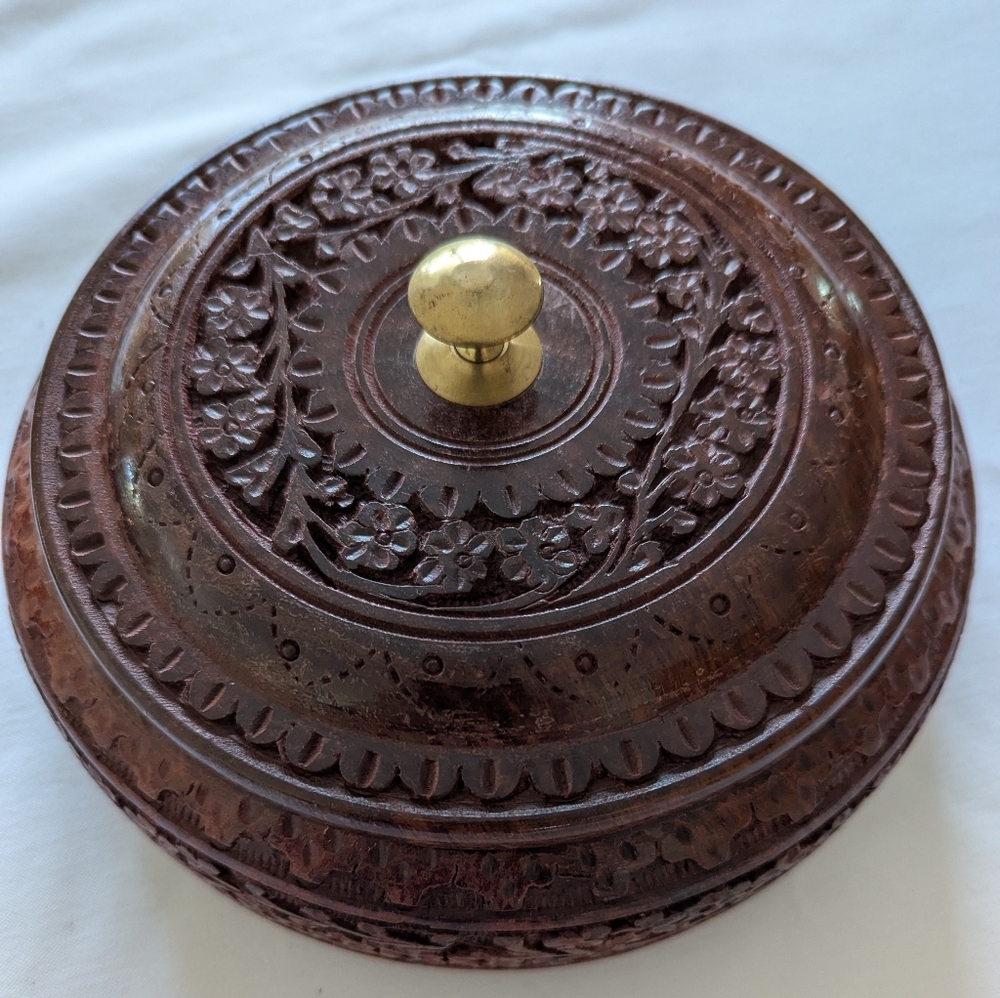 Beautiful Hand Carved Ornate Wooden Box with Brass Knob